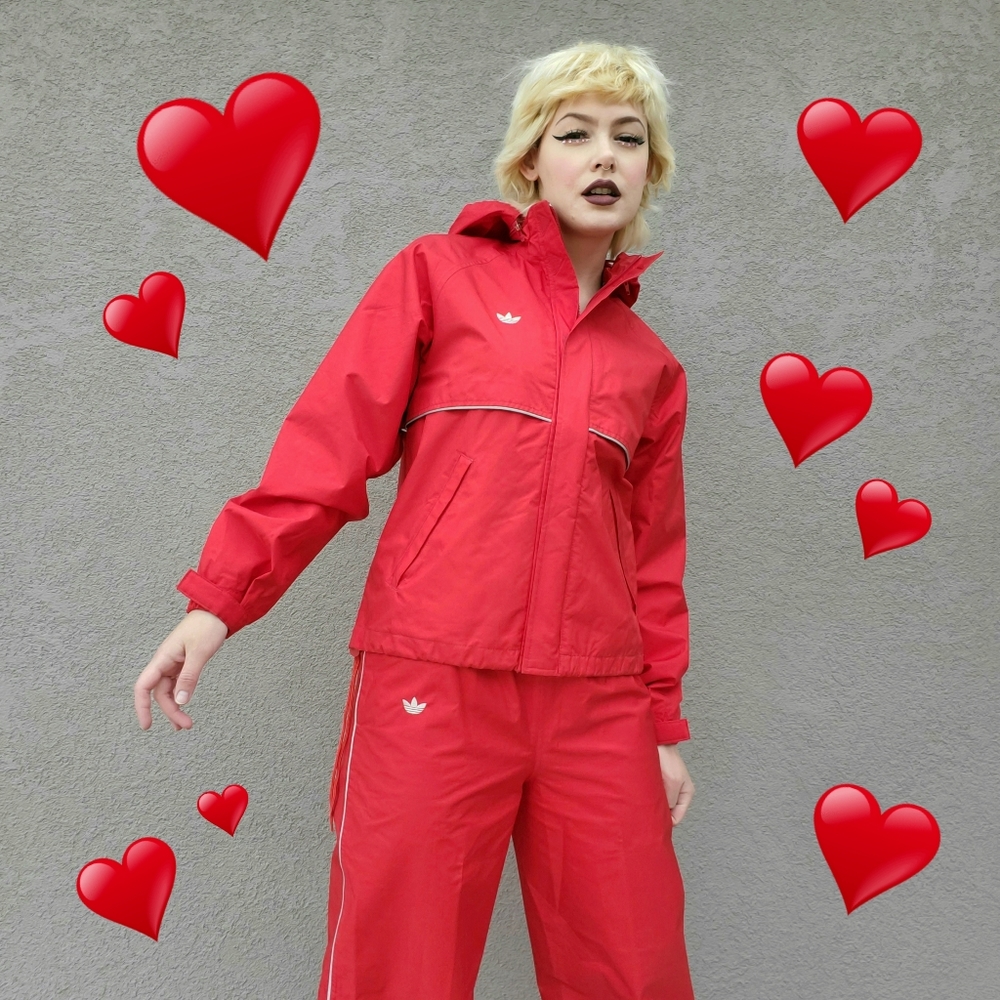 Adidas 80's Vintage Red 2PC Hooded Jacket & Joggers Tracksuit - Picture 1 of 16